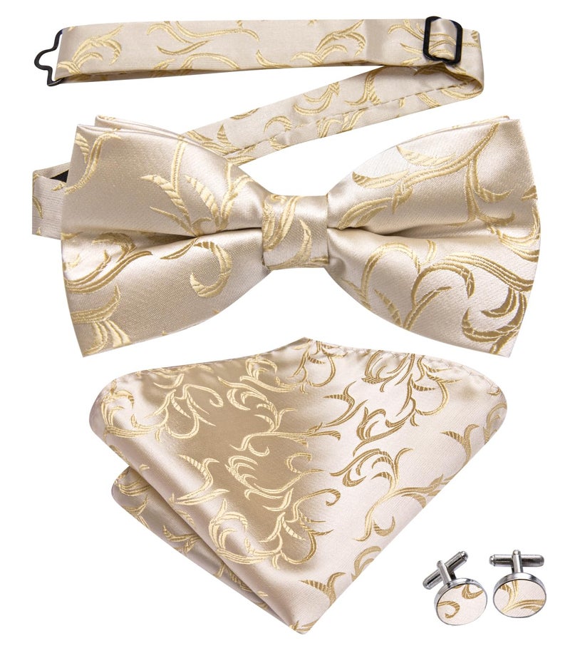 Dubulle Beige Champagne Bowtie for Men Paisley Floral Mens Pretied Bowtie Lapel Pin Set Pocket Square Cufflinks Wedding - Image 5